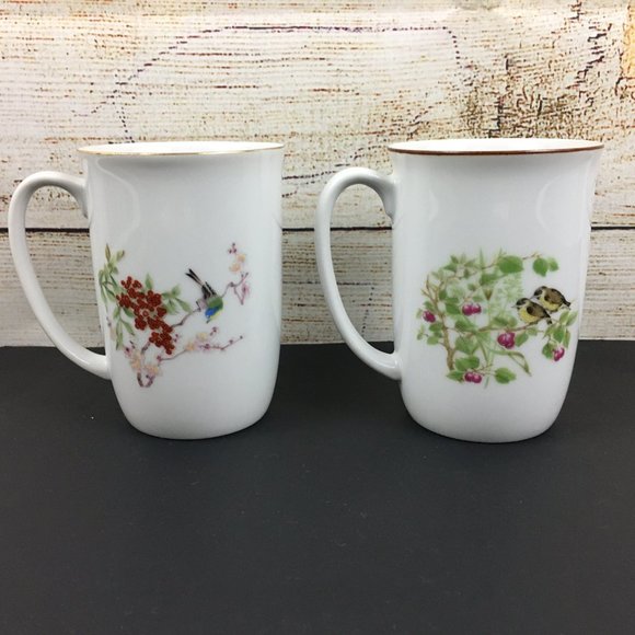 Vintage (2) Mugs Aviary Birds Floral White - Picture 1 of 9